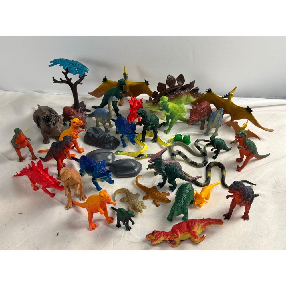 Lot of 41 Plastic Dinosaur Figures Snakes Crocodiles and Landscape Accessories